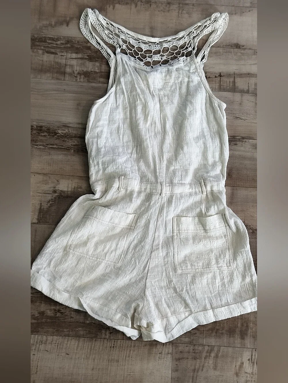 Free People Cream Textured Romper with Coral Logo Detail